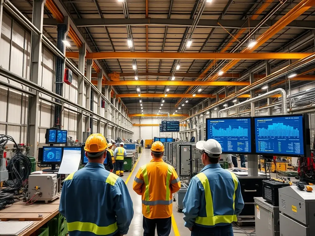 An industrial facility with advanced energy management systems and workers monitoring energy data.
